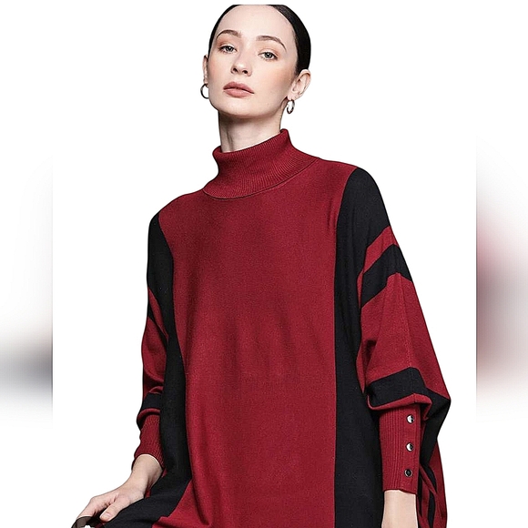 Alfani Women's Poncho Sweater Size Large Deep Red Black Striped Turtleneck Fall - Picture 1 of 15